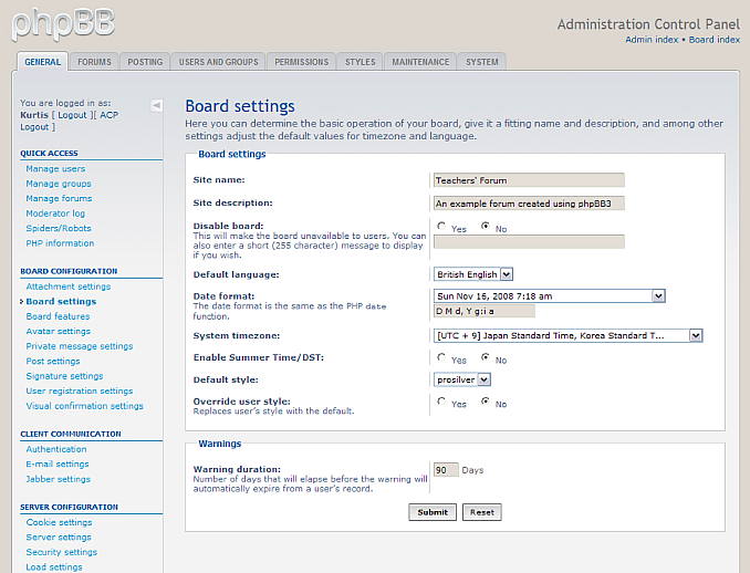 Figure 2. Changing the board settings on the administration control panel