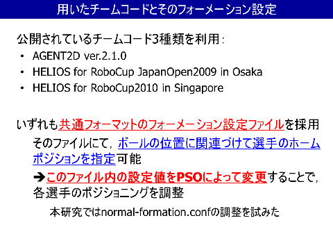 用いたチームコードとそのフォーメーション設定